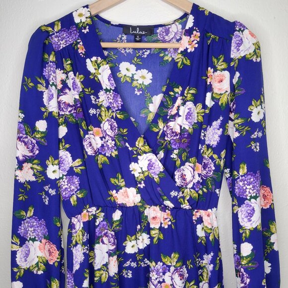Lulu's That's a Wrap Navy Blue Floral Long Sleeve Dress, Size S - Picture 3 of 8